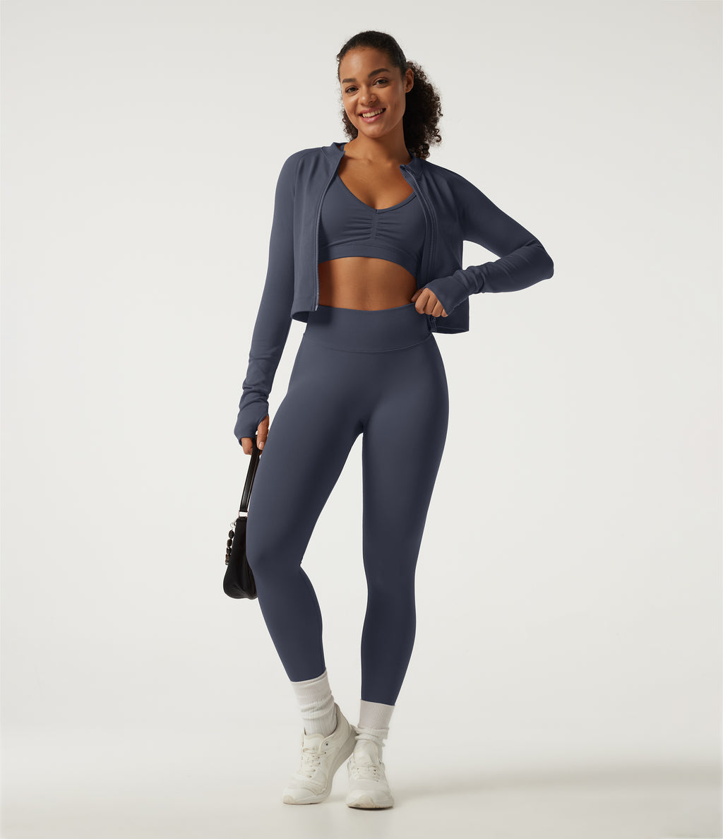 Mock Neck Long Sleeve High Waisted Skinny Seamless Flow Running Leggings Sets — Navy Blazer — view 1