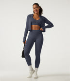 Mock Neck Long Sleeve High Waisted Skinny Seamless Flow Running Leggings Sets — Navy Blazer — view 1
