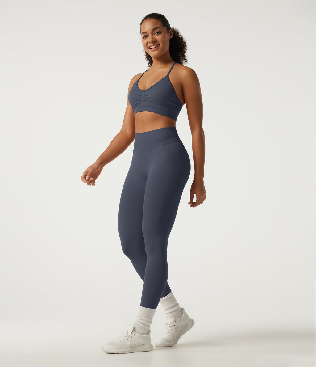 Mock Neck Long Sleeve High Waisted Skinny Seamless Flow Running Leggings Sets — Navy Blazer — view 2