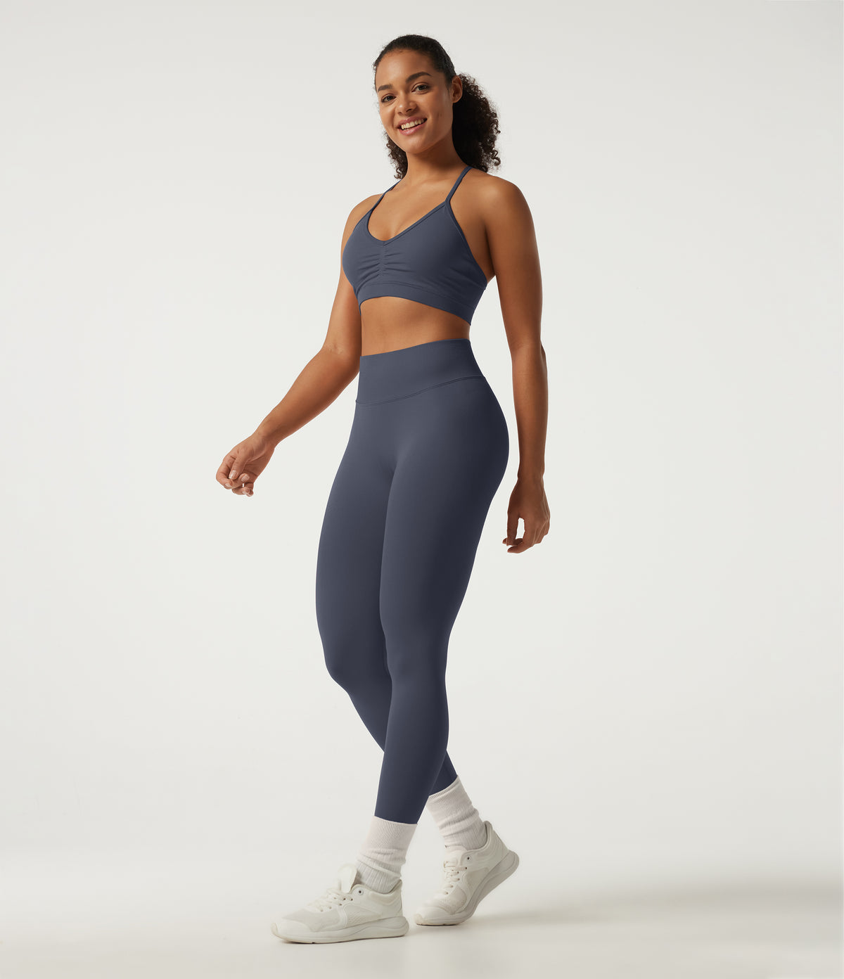 Mock Neck Long Sleeve High Waisted Skinny Seamless Flow Running Leggings Sets — Navy Blazer — view 2
