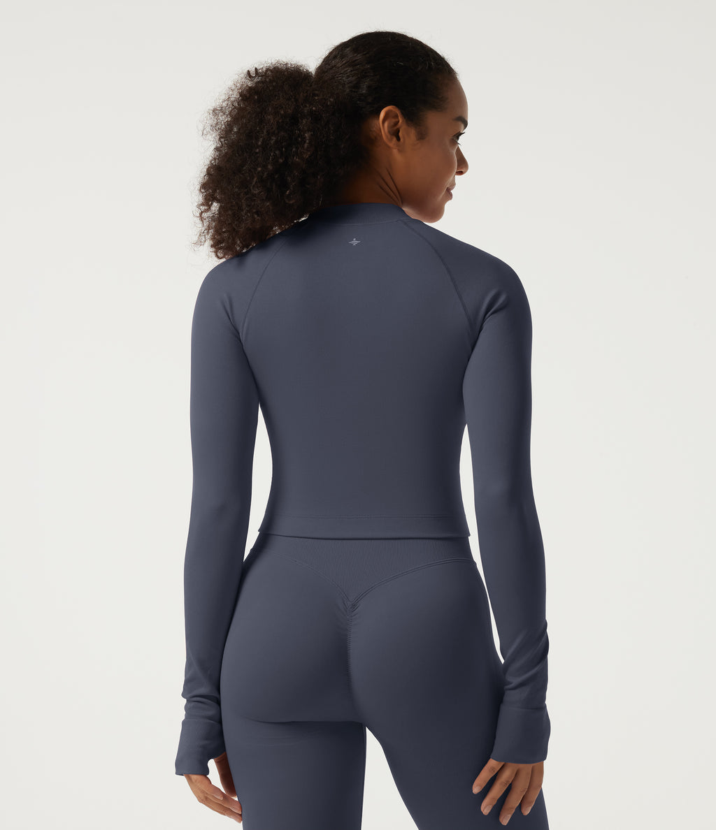 Mock Neck Long Sleeve High Waisted Skinny Seamless Flow Running Leggings Sets — Navy Blazer — view 5