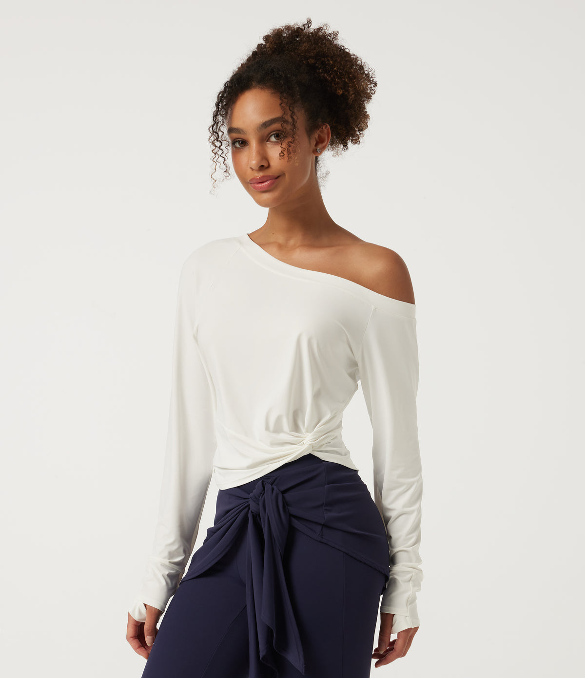 InstantCool Long Sleeve Yoga Sports Top with Thumbholes-UPF50+ — White — view 3