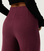 Ribbed High Waisted Tummy Control Wide Leg Ruffle Hem Casual Trousers with Pockets — Cabernet — view 5