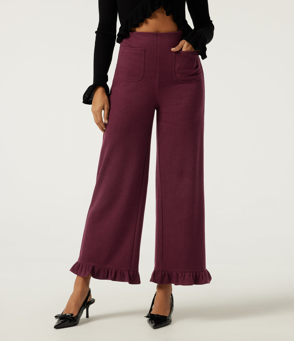 Ribbed High Waisted Tummy Control Wide Leg Ruffle Hem Casual Trousers with Pockets — Cabernet — view 1