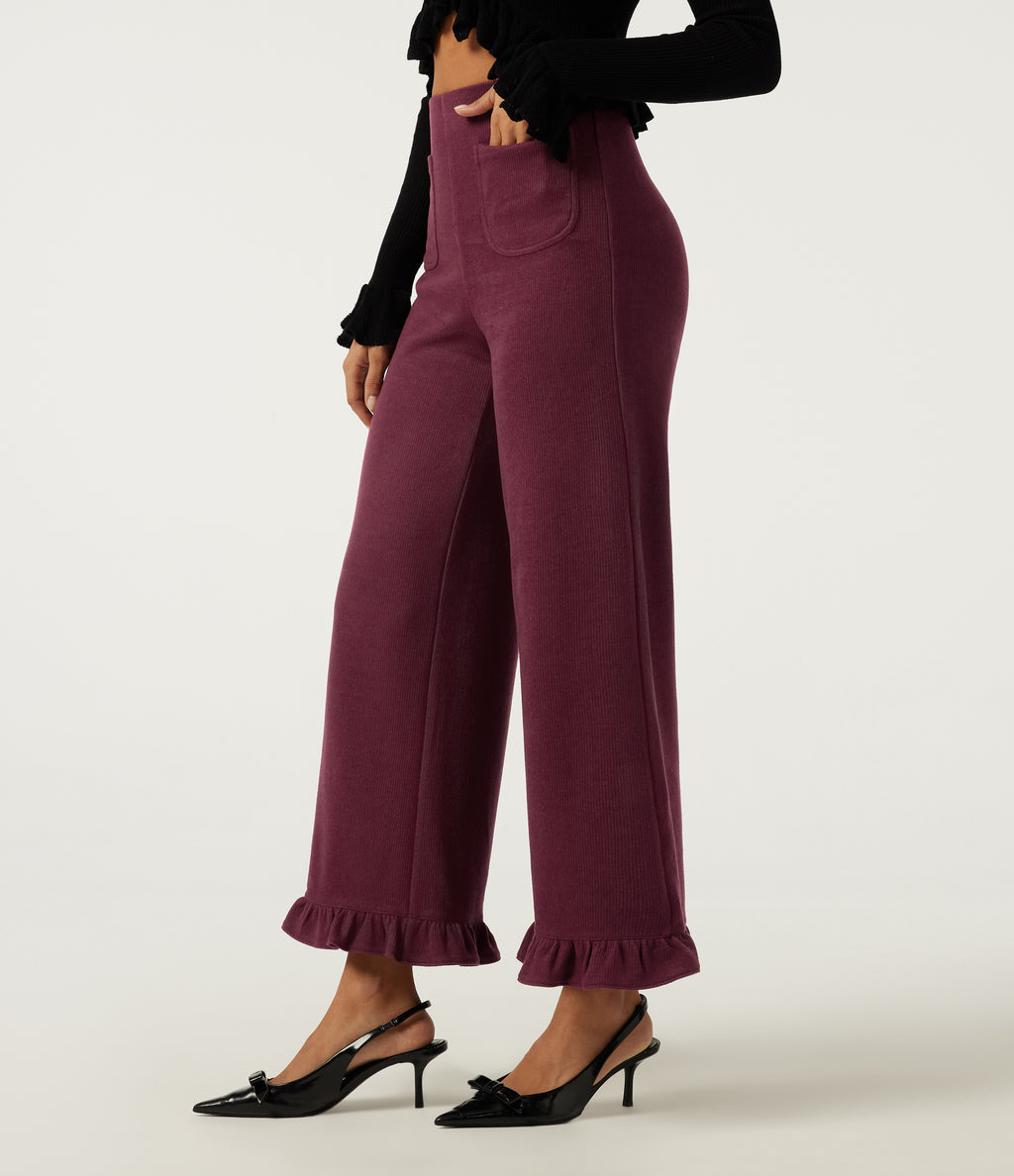 Ribbed High Waisted Tummy Control Wide Leg Ruffle Hem Casual Trousers with Pockets — Cabernet — view 3