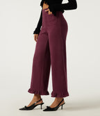 Ribbed High Waisted Tummy Control Wide Leg Ruffle Hem Casual Trousers with Pockets — Cabernet — view 3
