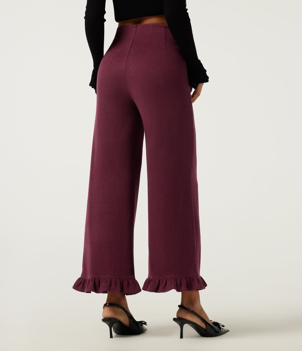 Ribbed High Waisted Tummy Control Wide Leg Ruffle Hem Casual Trousers with Pockets — Cabernet — view 2