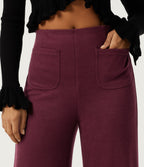Ribbed High Waisted Tummy Control Wide Leg Ruffle Hem Casual Trousers with Pockets — Cabernet — view 4