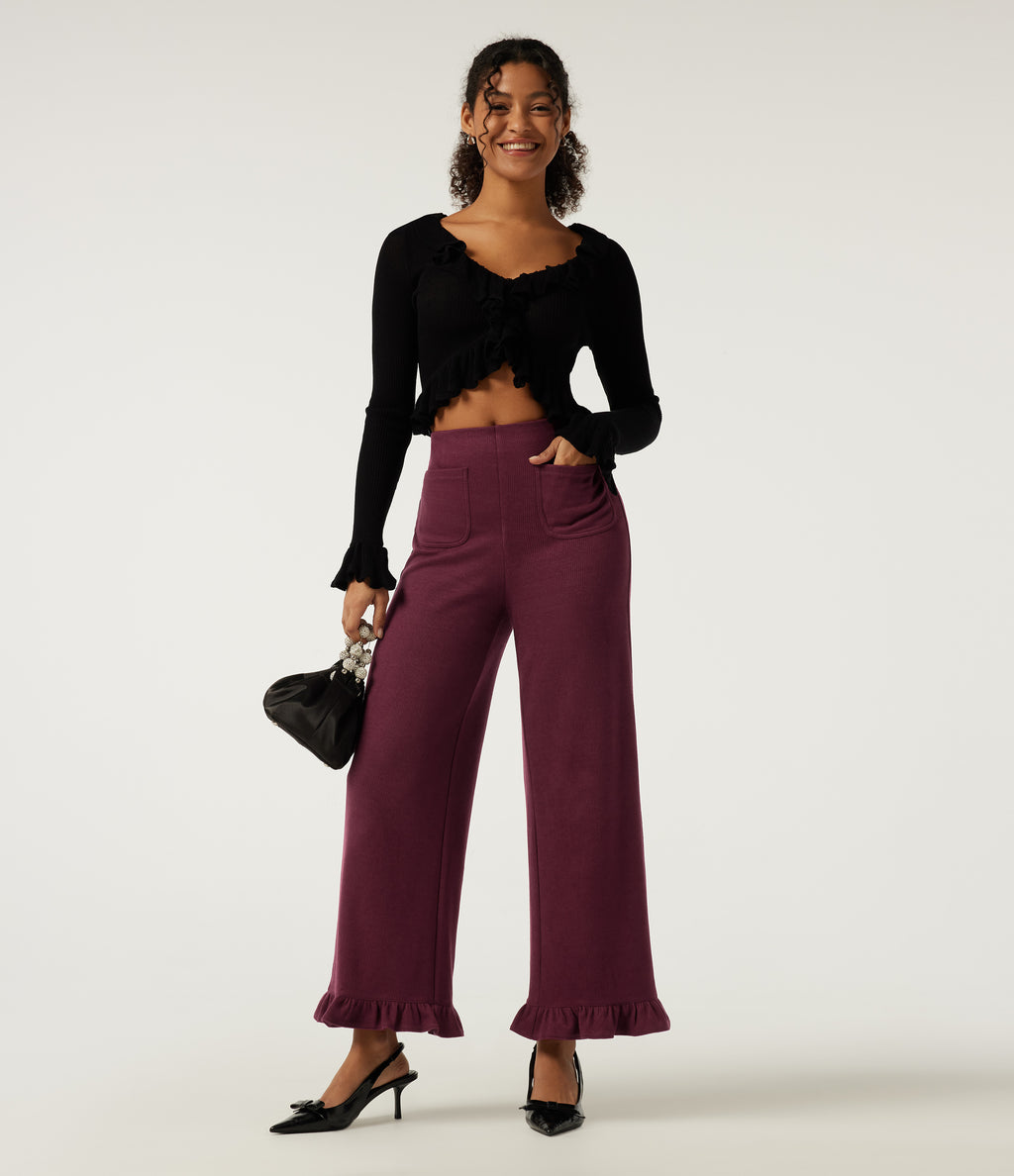 Ribbed High Waisted Tummy Control Wide Leg Ruffle Hem Casual Trousers with Pockets — Cabernet — view 7