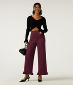 Ribbed High Waisted Tummy Control Wide Leg Ruffle Hem Casual Trousers with Pockets — Cabernet — view 7