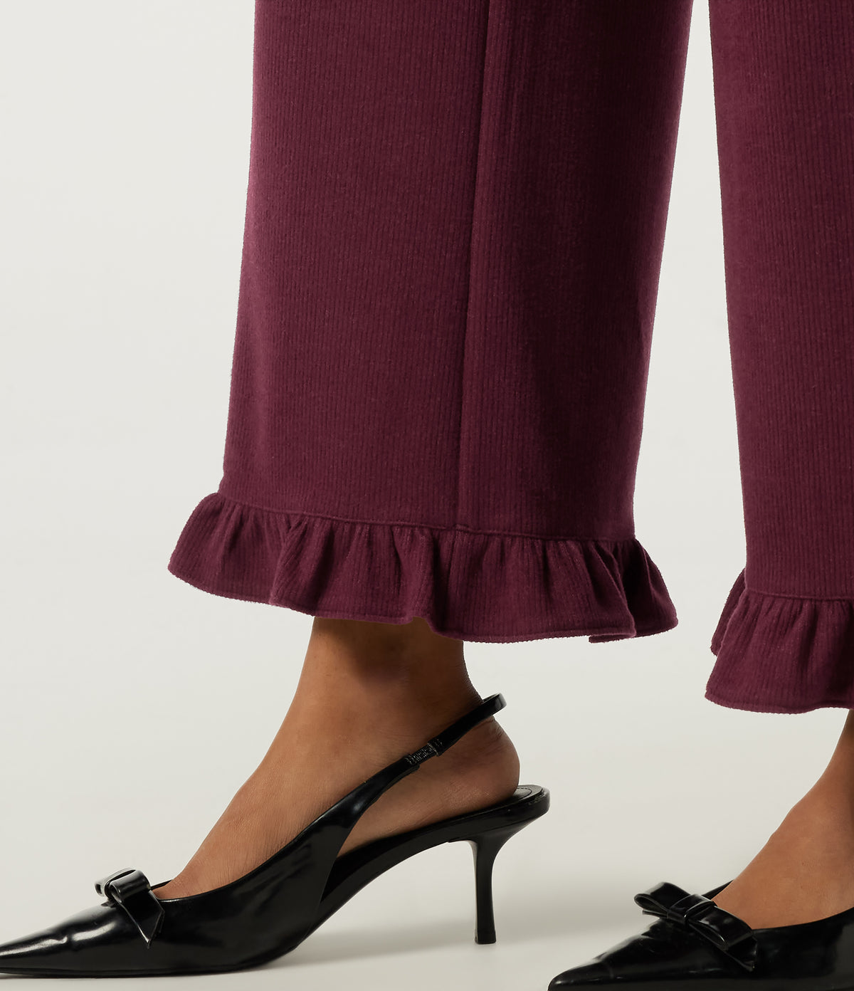 Ribbed High Waisted Tummy Control Wide Leg Ruffle Hem Casual Trousers with Pockets — Cabernet — view 6