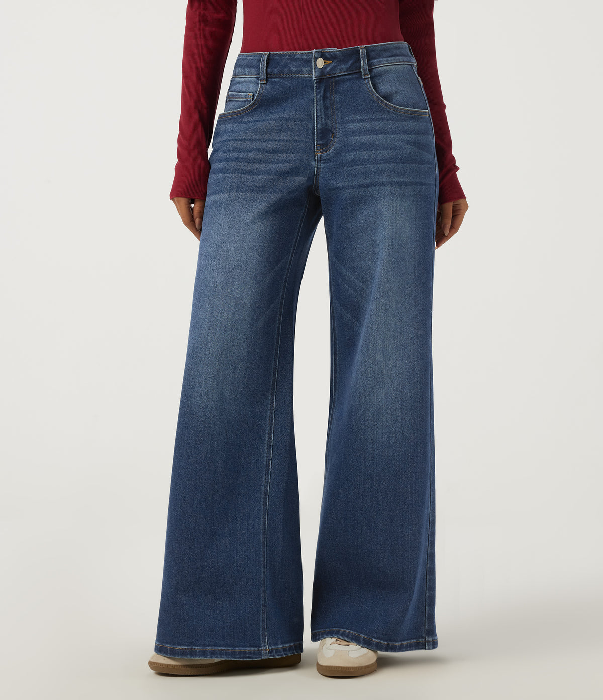 Low Rise Wide Leg Casual Jeans with Pockets — Zenith Blue — view 3
