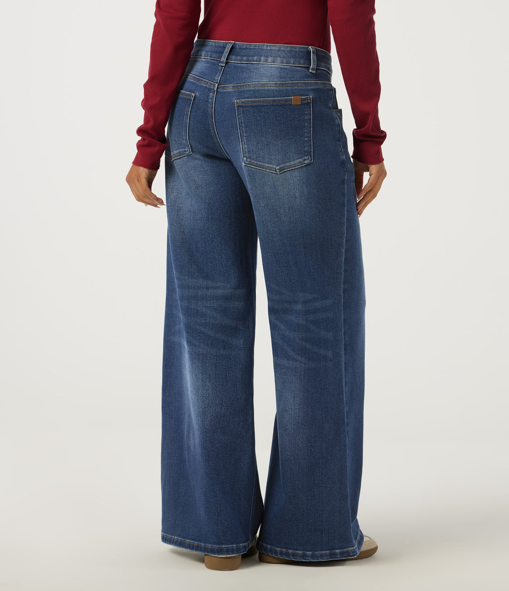 Low Rise Wide Leg Casual Jeans with Pockets — Zenith Blue — view 2