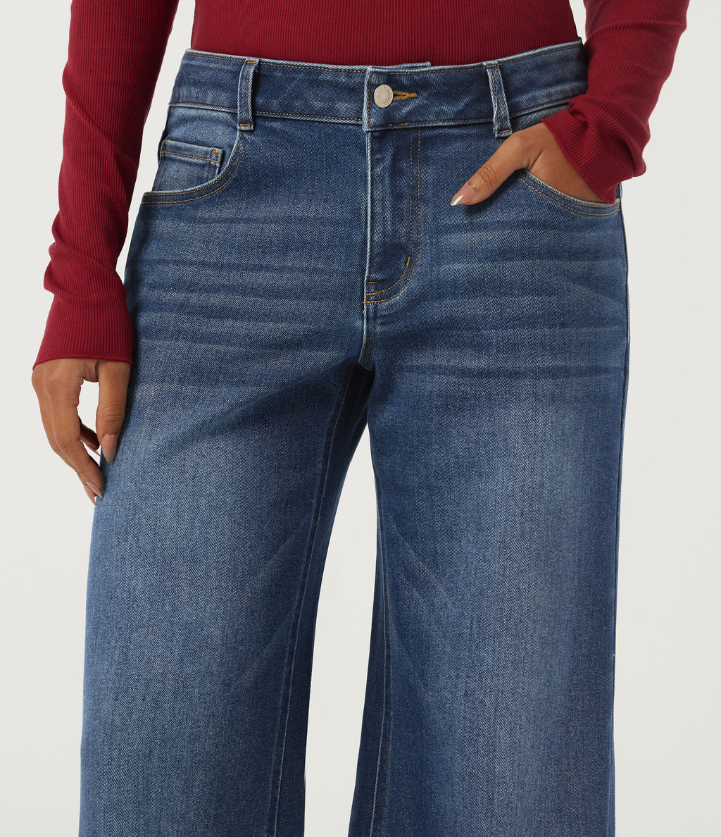 Low Rise Wide Leg Casual Jeans with Pockets — Zenith Blue — view 4