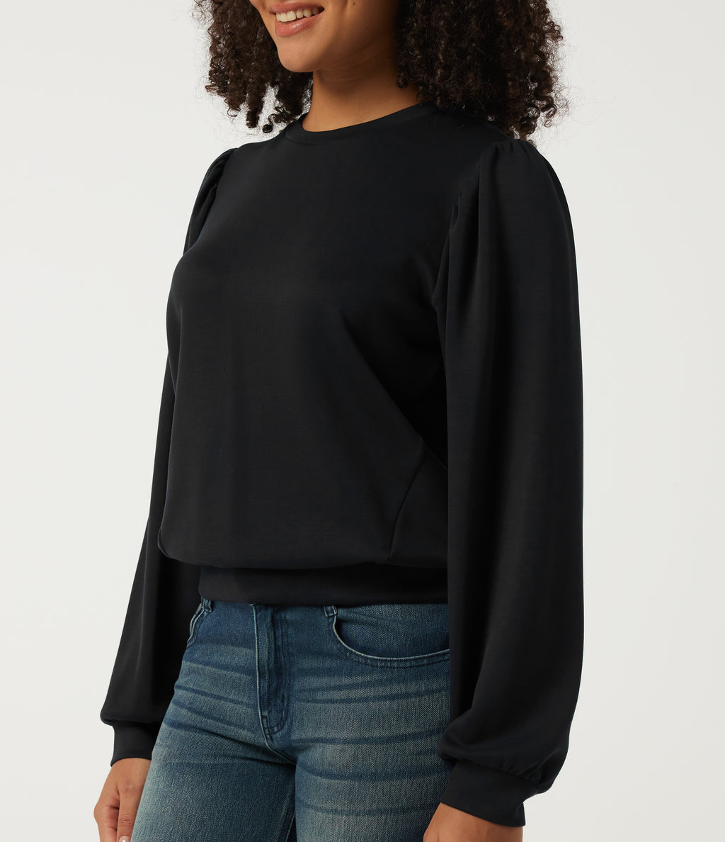 Round Neck Puff Long Sleeve Ruched Casual Sweatshirt — Black — view 5