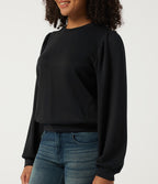 Round Neck Puff Long Sleeve Ruched Casual Sweatshirt — Black — view 5
