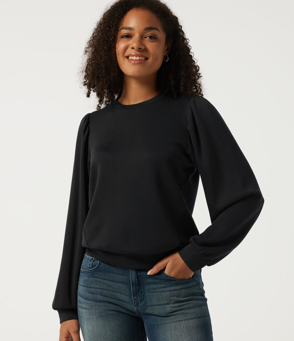 Round Neck Puff Long Sleeve Ruched Casual Sweatshirt — Black — view 4