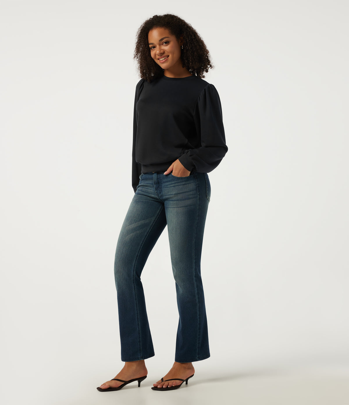 Round Neck Puff Long Sleeve Ruched Casual Sweatshirt — Black — view 6