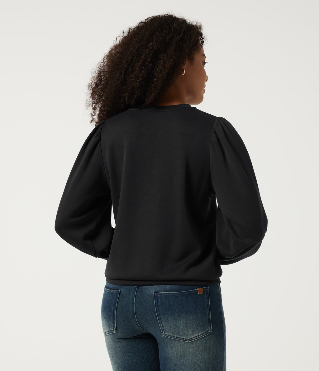Round Neck Puff Long Sleeve Ruched Casual Sweatshirt — Black — view 2