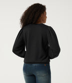 Round Neck Puff Long Sleeve Ruched Casual Sweatshirt — Black — view 2