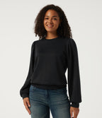 Round Neck Puff Long Sleeve Ruched Casual Sweatshirt — Black — view 1