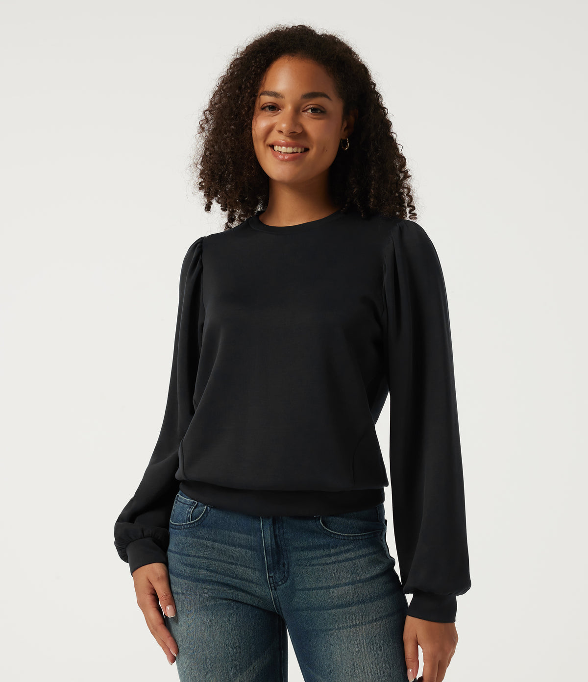Round Neck Puff Long Sleeve Ruched Casual Sweatshirt — Black — view 1