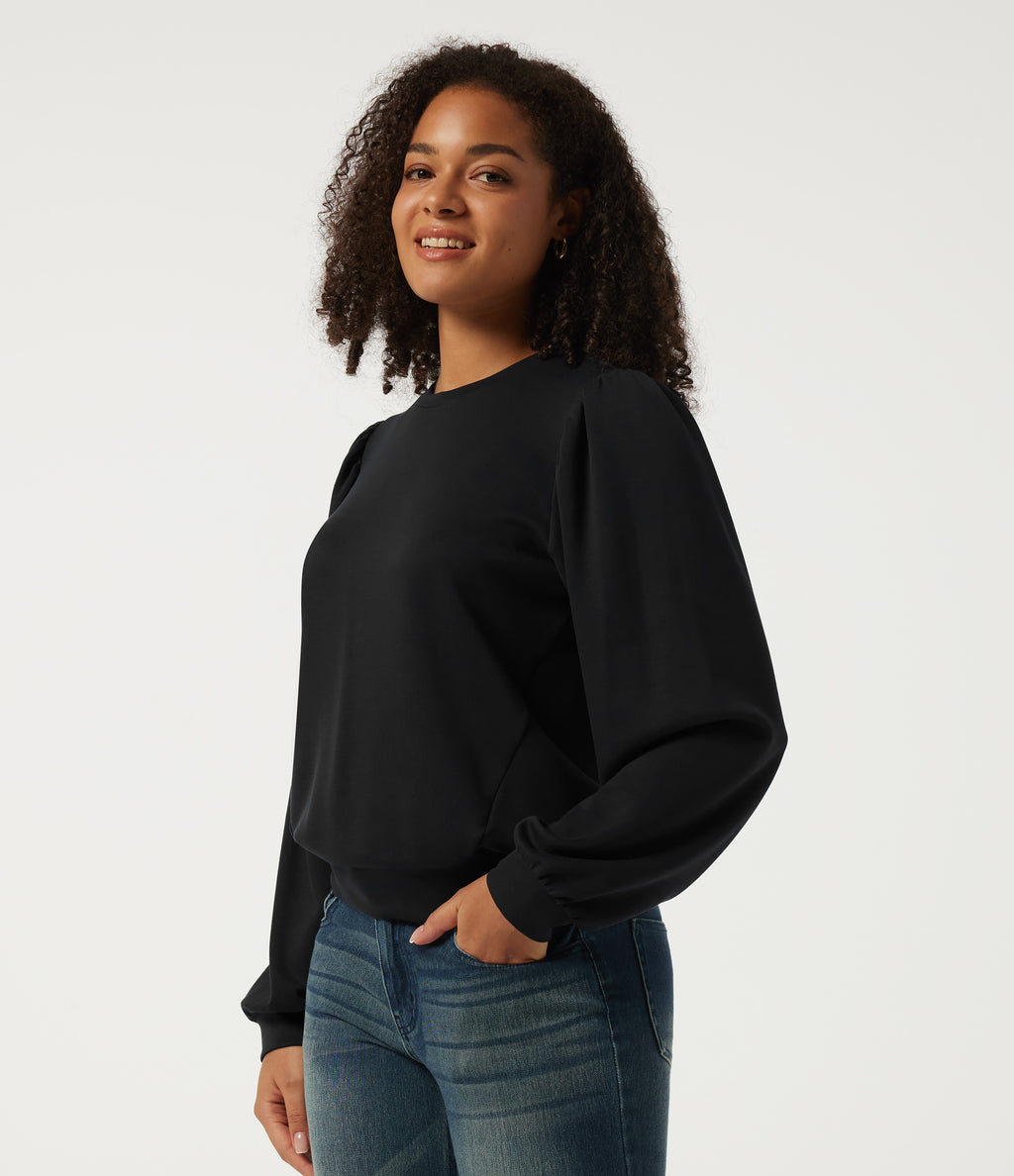 Round Neck Puff Long Sleeve Ruched Casual Sweatshirt — Black — view 3