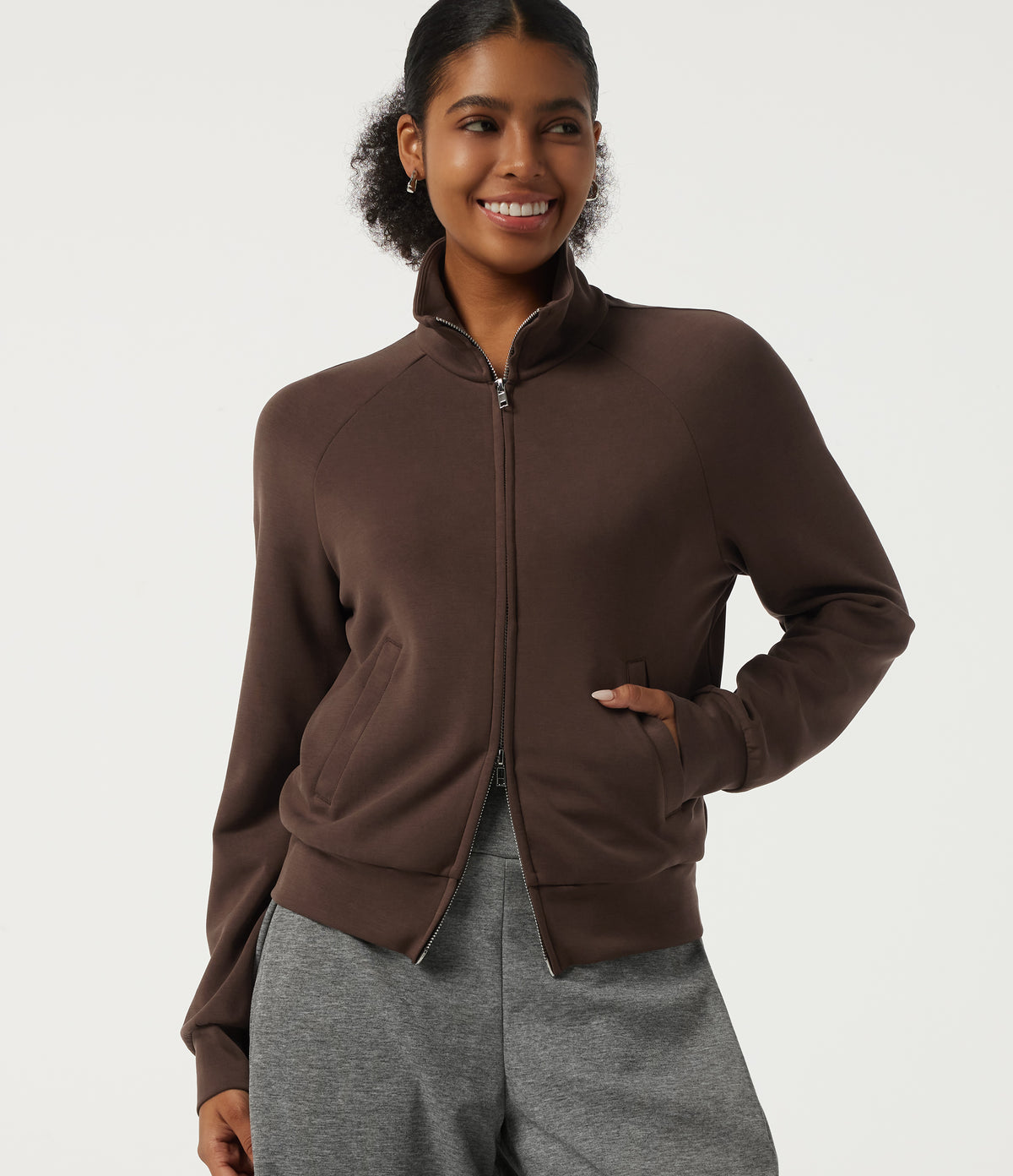 Stand Collar Long Sleeve Work Windbreaker Jacket with Pockets — Fresh Bark — view 4