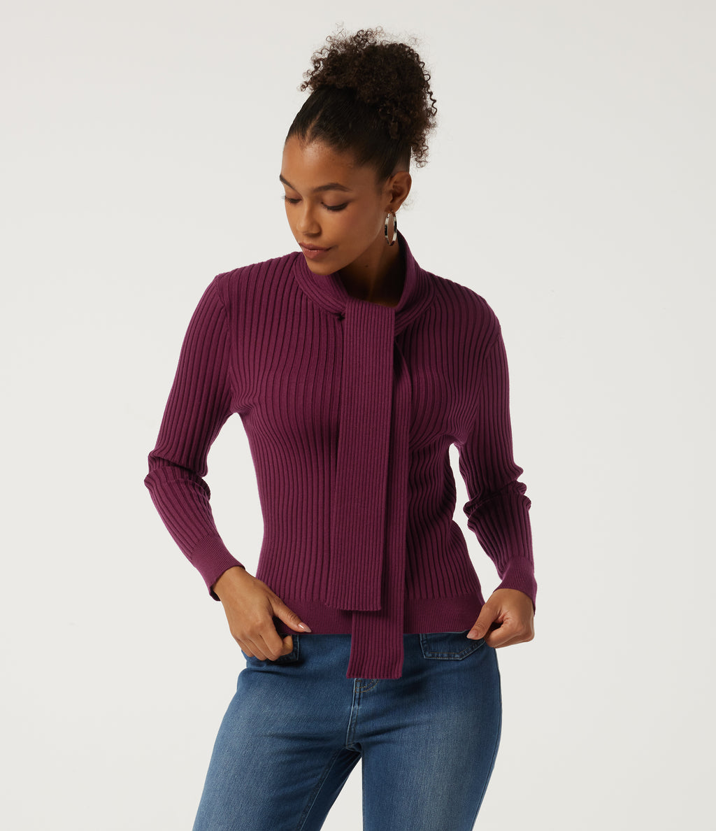 Scarf Neck Long Sleeve Work Jumper — Purple Potion — view 1