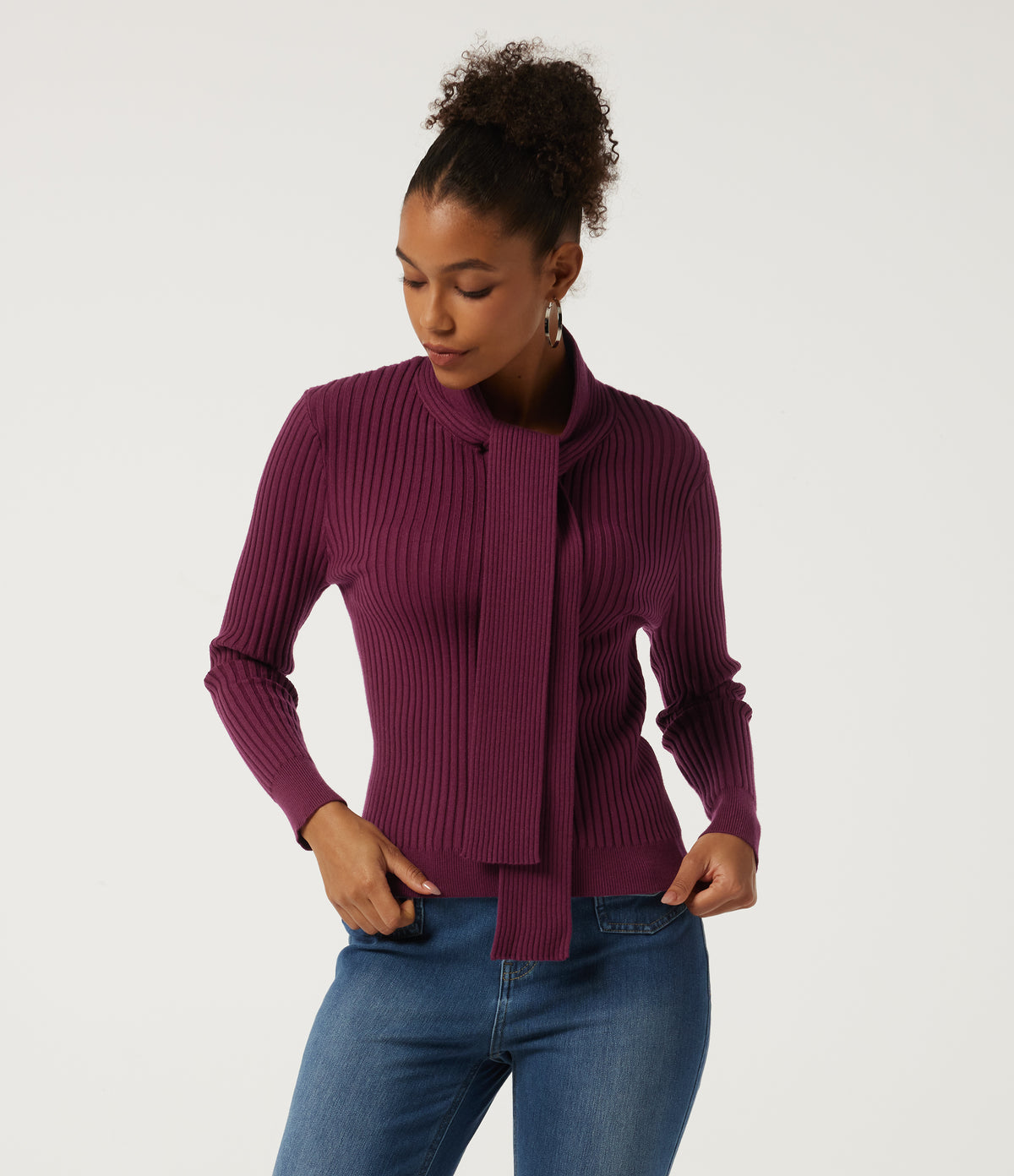 Scarf Neck Long Sleeve Work Jumper — Purple Potion — view 1