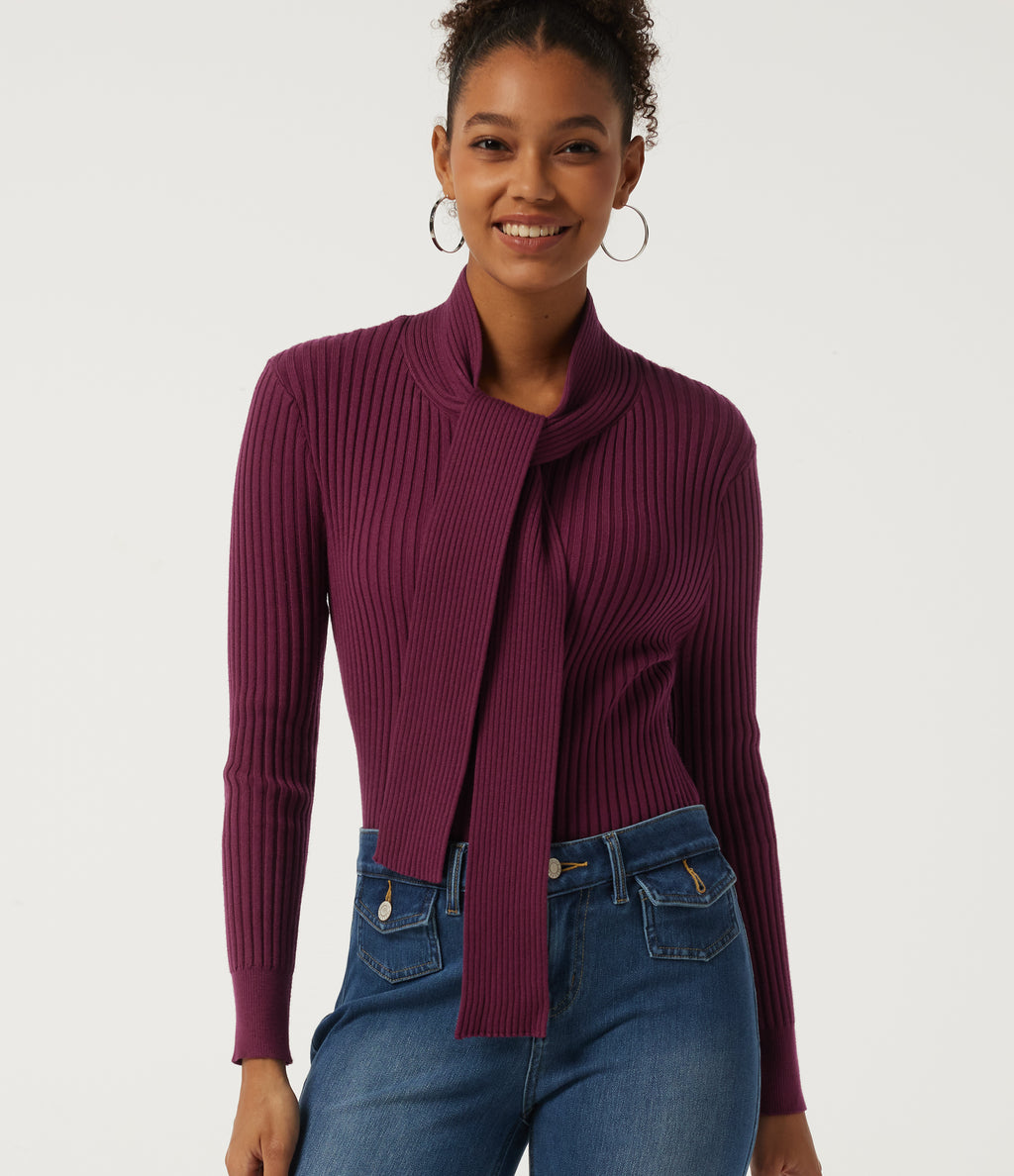 Scarf Neck Long Sleeve Work Jumper — Purple Potion — view 4