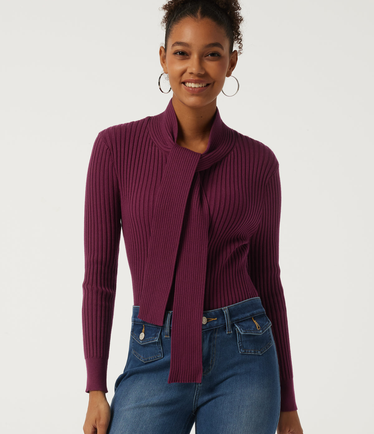 Scarf Neck Long Sleeve Work Jumper — Purple Potion — view 4