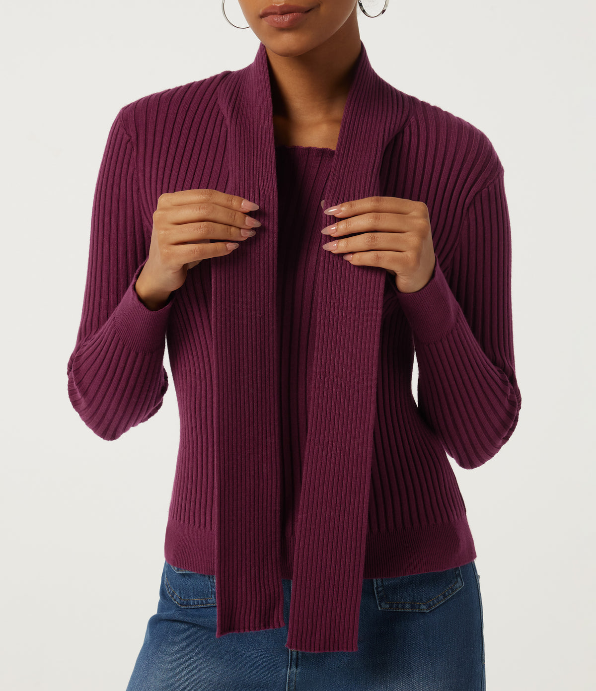 Scarf Neck Long Sleeve Work Jumper — Purple Potion — view 5