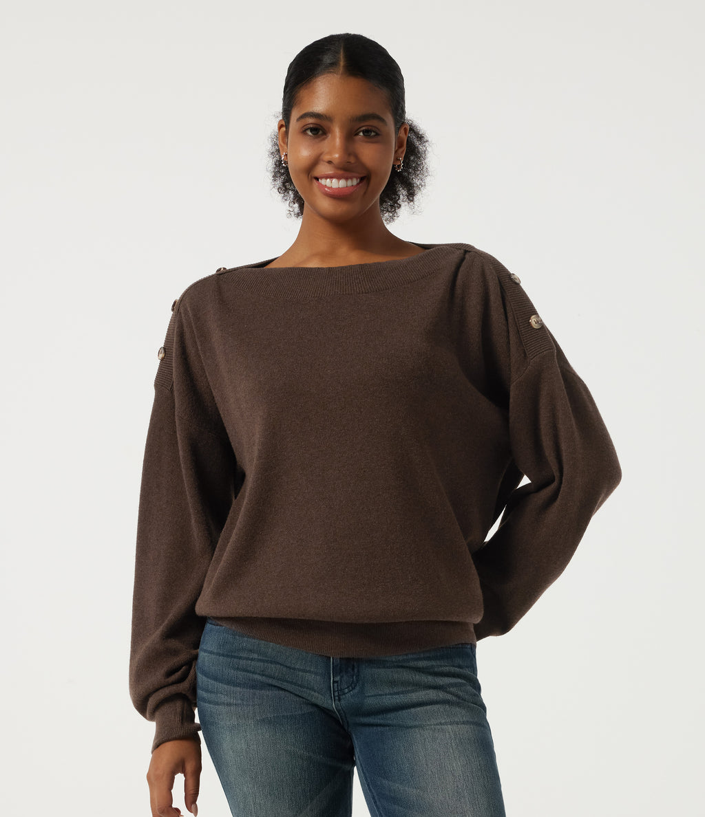 Boat Neck Drop Shoulder Long Sleeve Work Jumper — Flamewood Brown — view 4