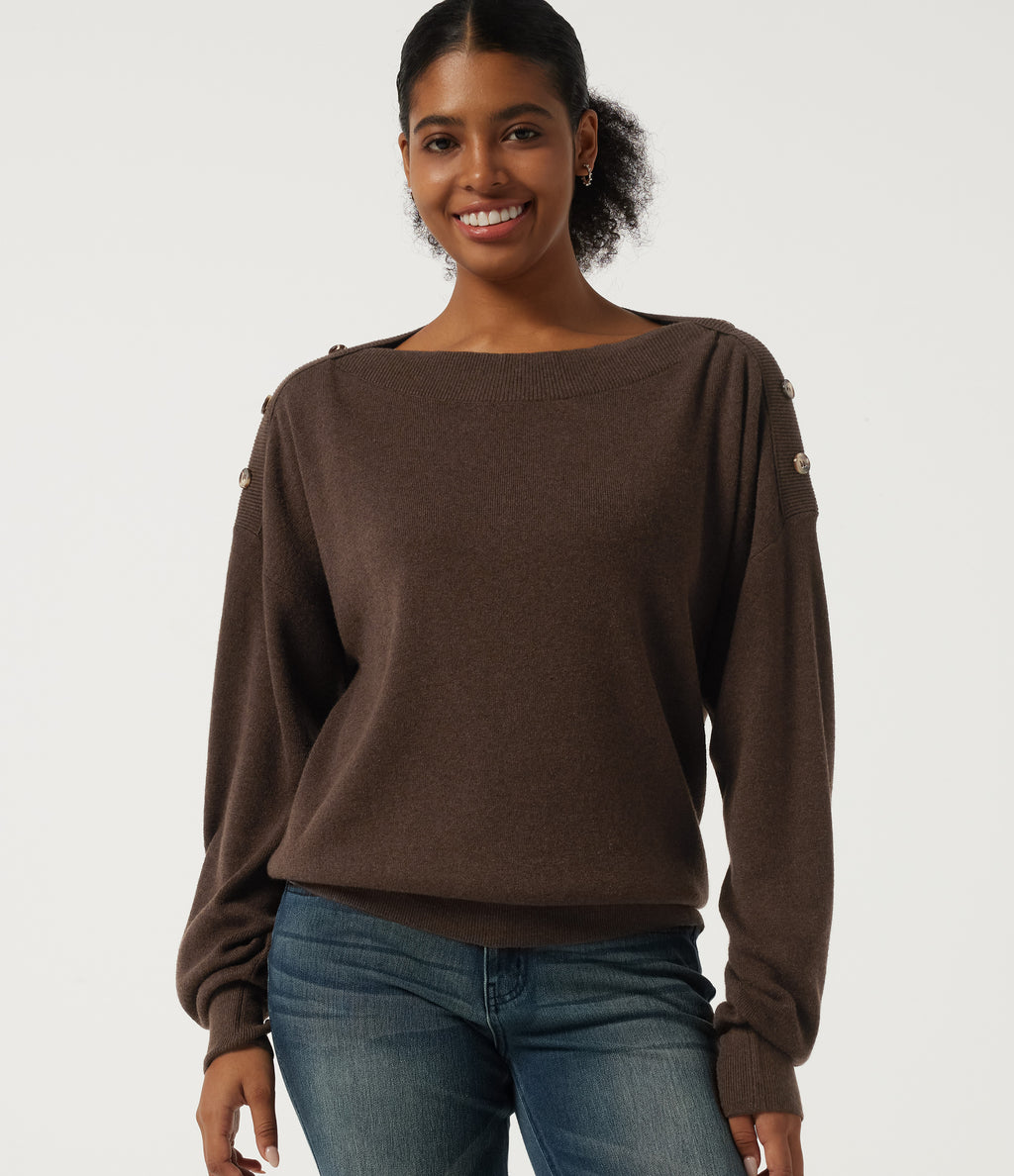 Boat Neck Drop Shoulder Long Sleeve Work Jumper — Flamewood Brown — view 1