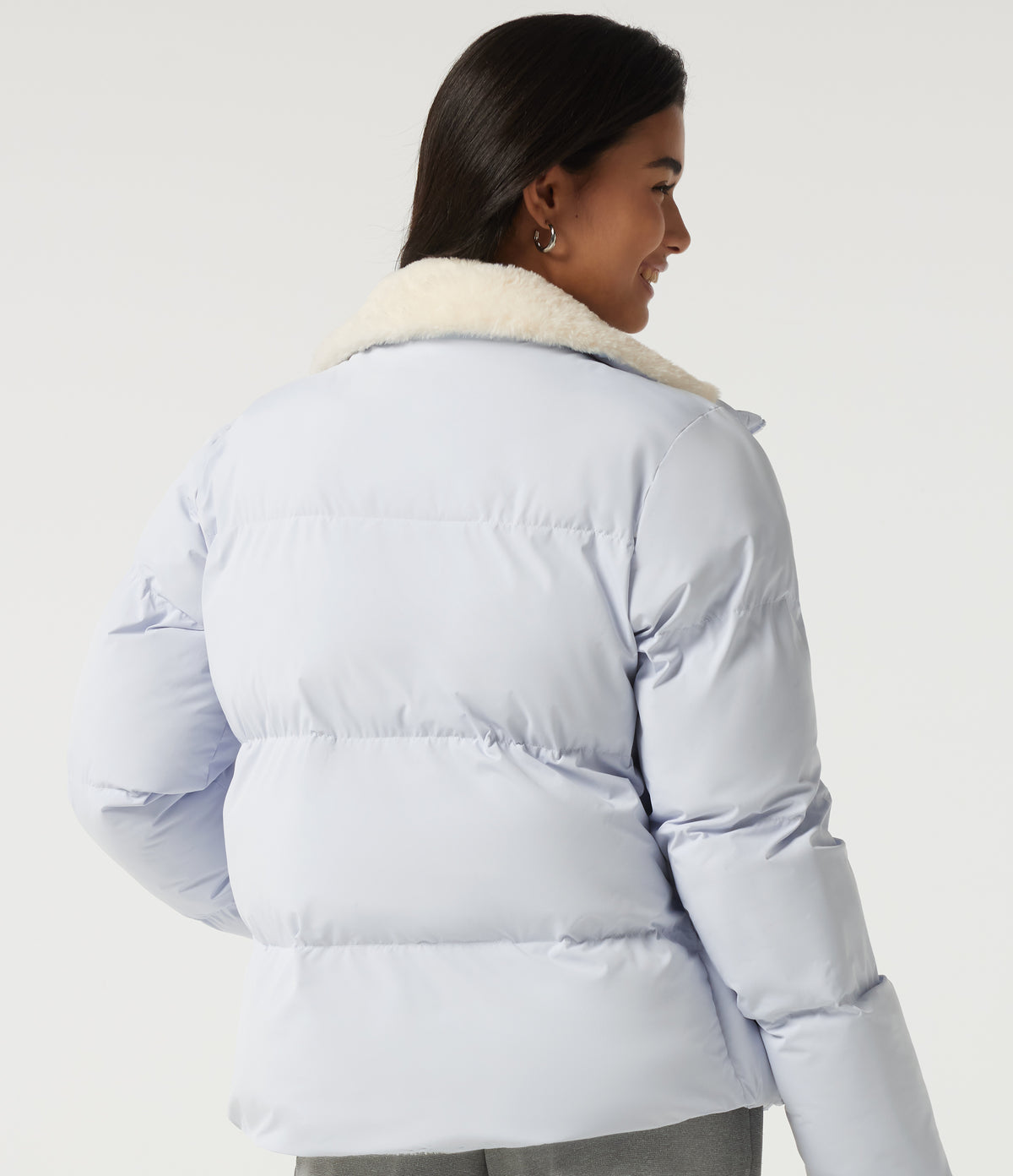 Hooded Long Sleeve Plaid Work Padded Jacket with Pockets and Thumbholes — Baby Blue — view 5
