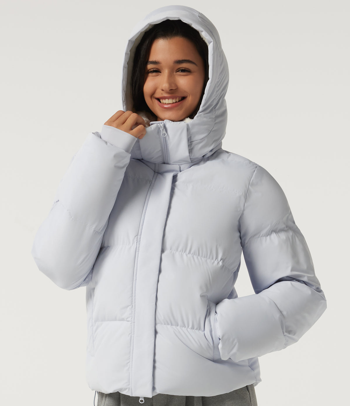 Hooded Long Sleeve Plaid Work Padded Jacket with Pockets and Thumbholes — Baby Blue — view 4