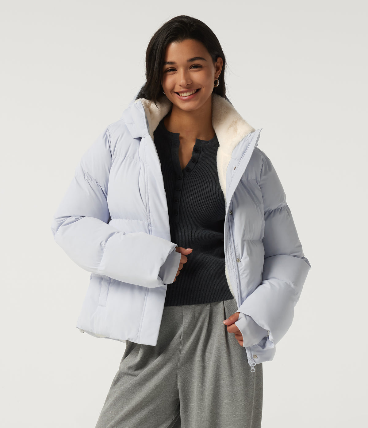 Hooded Long Sleeve Plaid Work Padded Jacket with Pockets and Thumbholes — Baby Blue — view 1