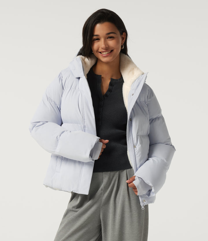 Hooded Long Sleeve Plaid Work Padded Jacket with Pockets and Thumbholes — Baby Blue — view 1
