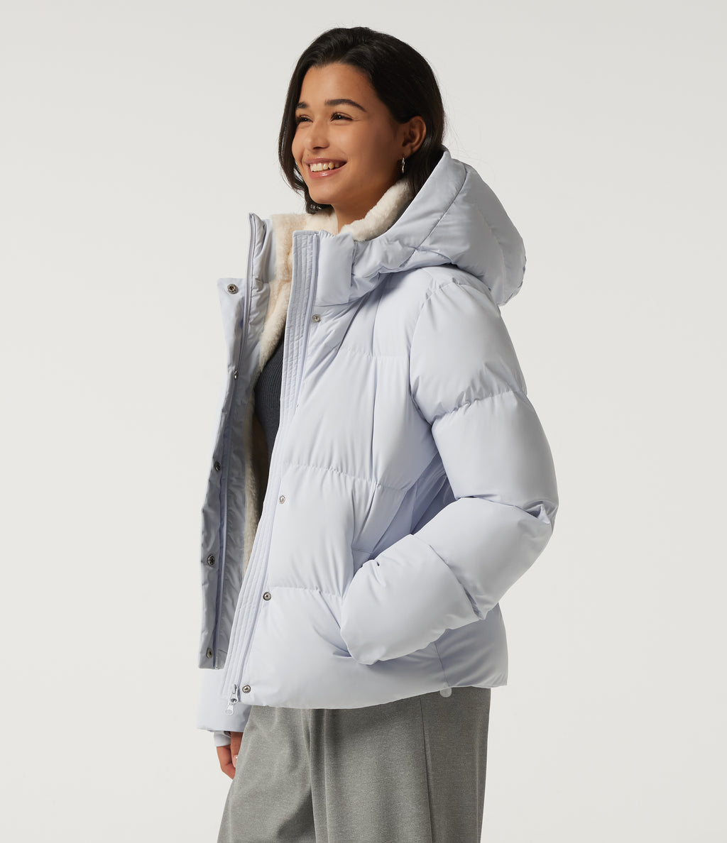 Hooded Long Sleeve Plaid Work Padded Jacket with Pockets and Thumbholes — Baby Blue — view 3