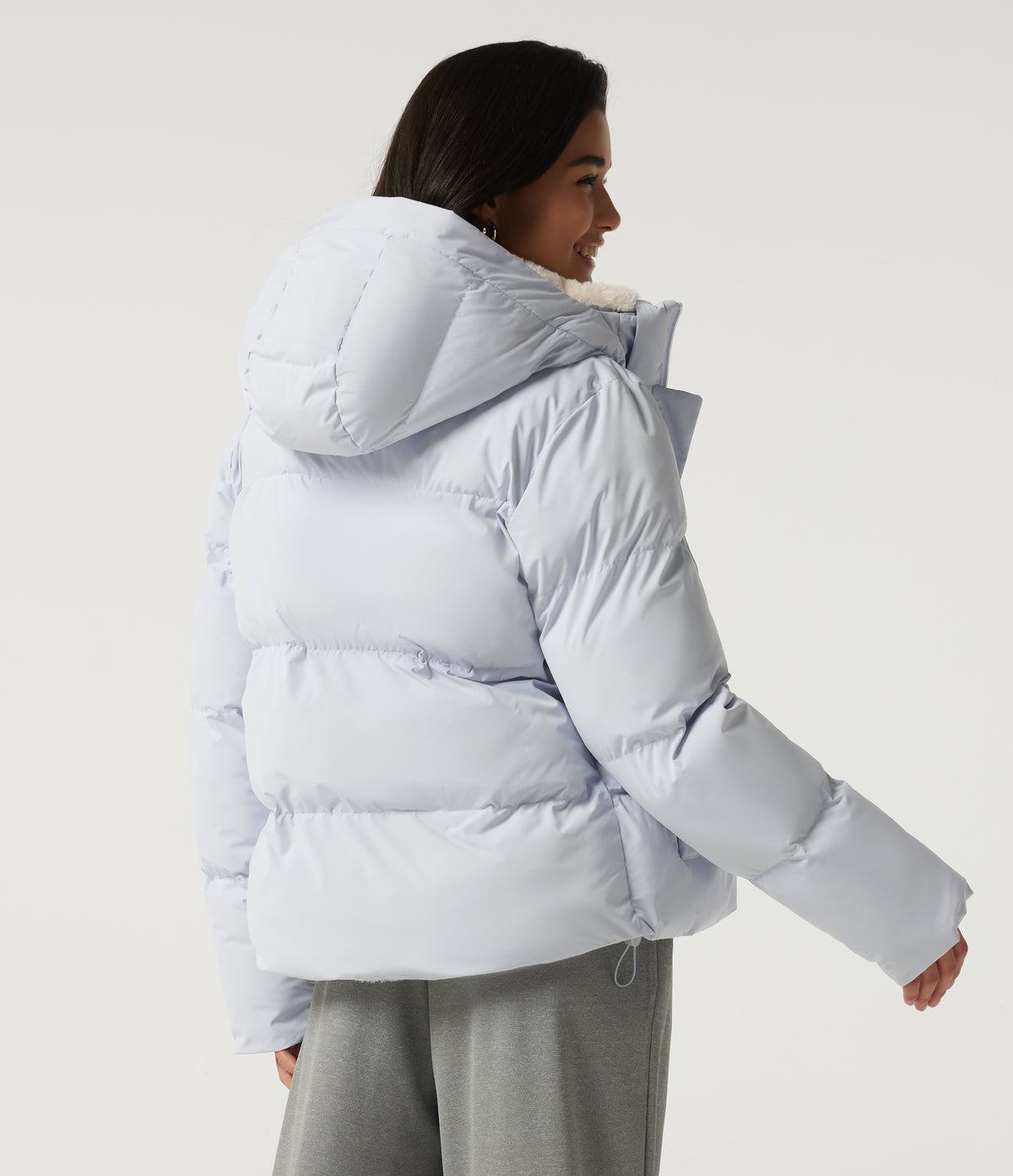 Hooded Long Sleeve Plaid Work Padded Jacket with Pockets and Thumbholes — Baby Blue — view 2