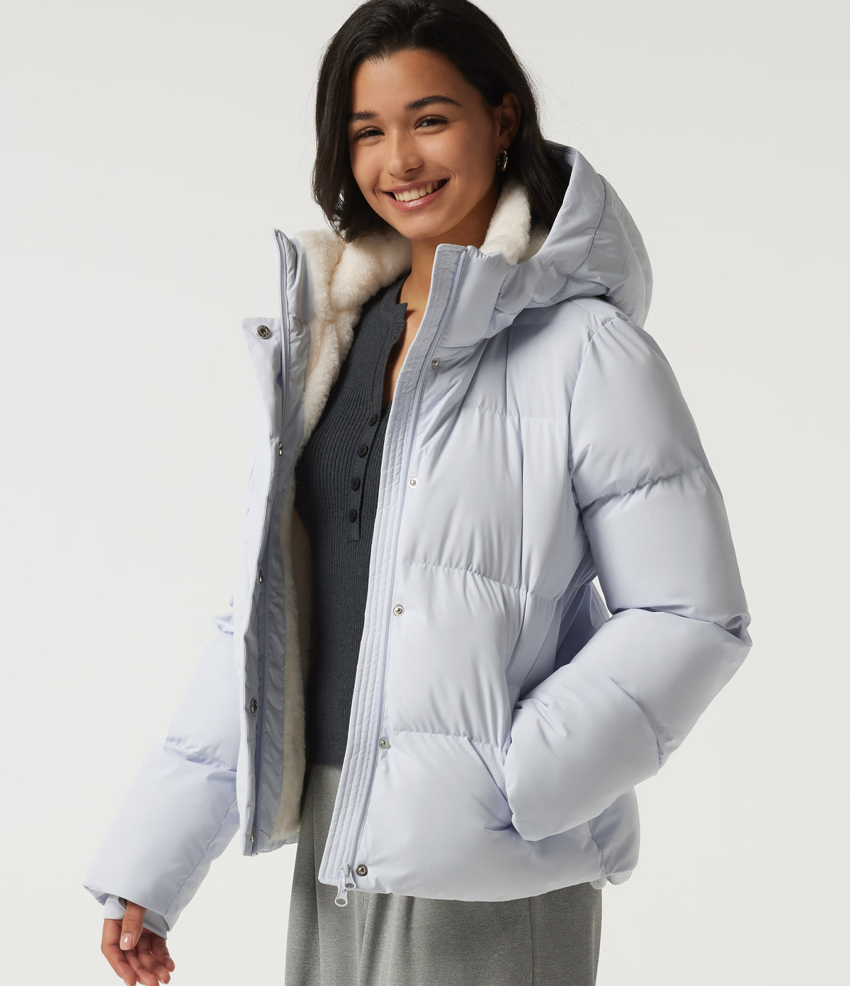 Hooded Long Sleeve Plaid Work Padded Jacket with Pockets and Thumbholes — Baby Blue — view 6
