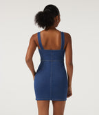 Denim Square Neck Sleeveless Patterned A-Line Bodycon Casual Mini Dress — Gulf Stream Blue Denim — view 2