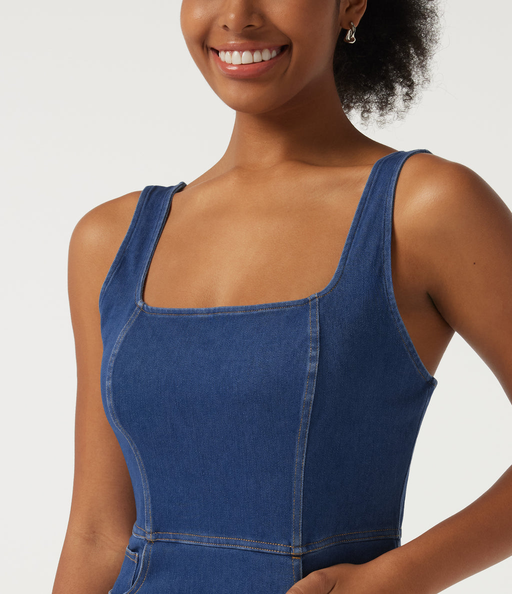 Denim Square Neck Sleeveless Patterned A-Line Bodycon Casual Mini Dress — Gulf Stream Blue Denim — view 4