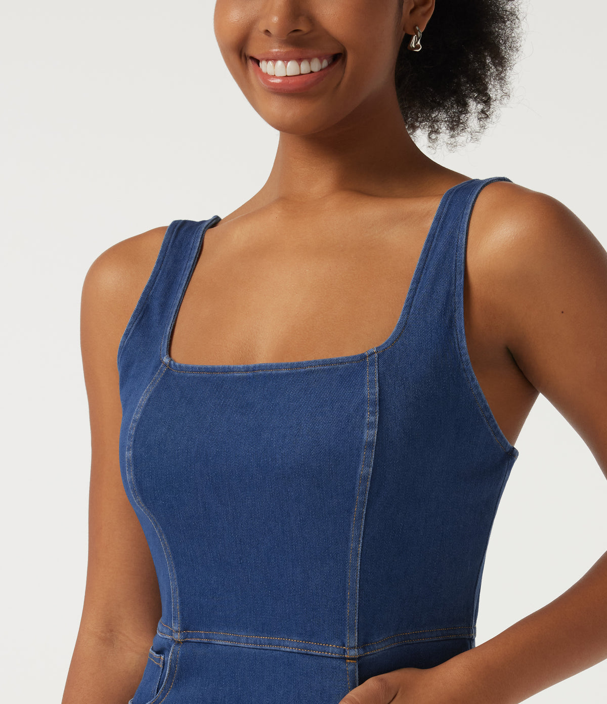 Denim Square Neck Sleeveless Patterned A-Line Bodycon Casual Mini Dress — Gulf Stream Blue Denim — view 4