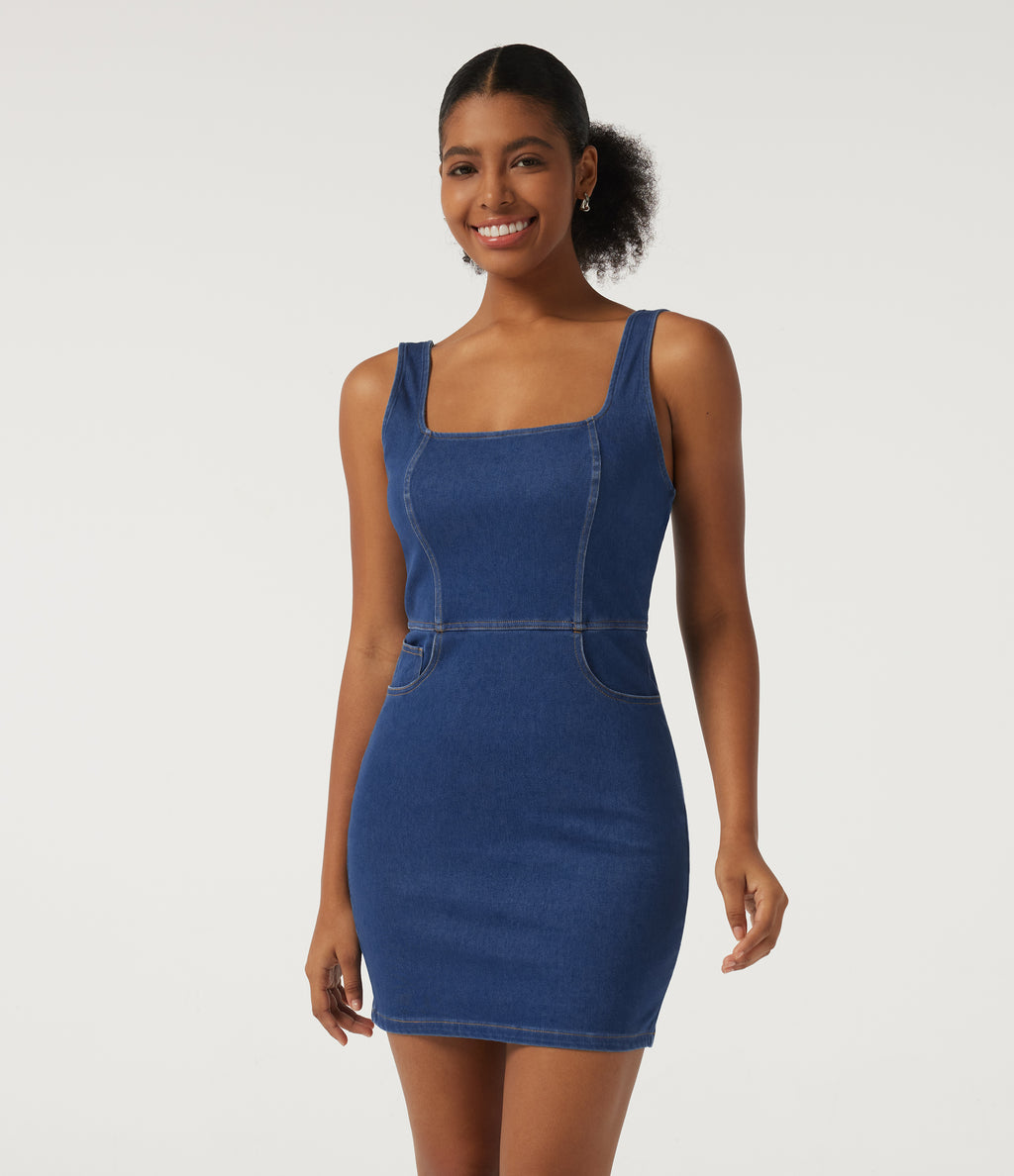 Denim Square Neck Sleeveless Patterned A-Line Bodycon Casual Mini Dress — Gulf Stream Blue Denim — view 1