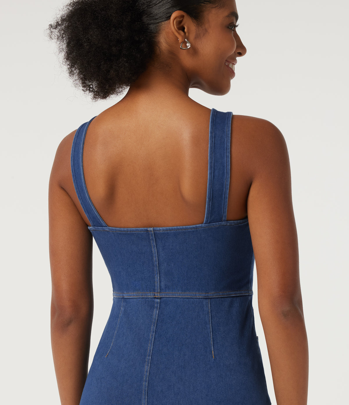 Denim Square Neck Sleeveless Patterned A-Line Bodycon Casual Mini Dress — Gulf Stream Blue Denim — view 5