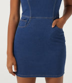 Denim Square Neck Sleeveless Patterned A-Line Bodycon Casual Mini Dress — Gulf Stream Blue Denim — view 6