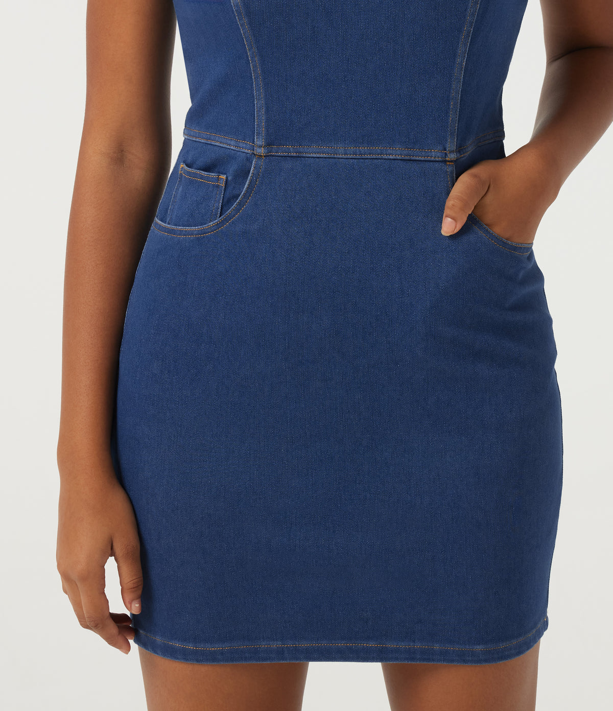 Denim Square Neck Sleeveless Patterned A-Line Bodycon Casual Mini Dress — Gulf Stream Blue Denim — view 6