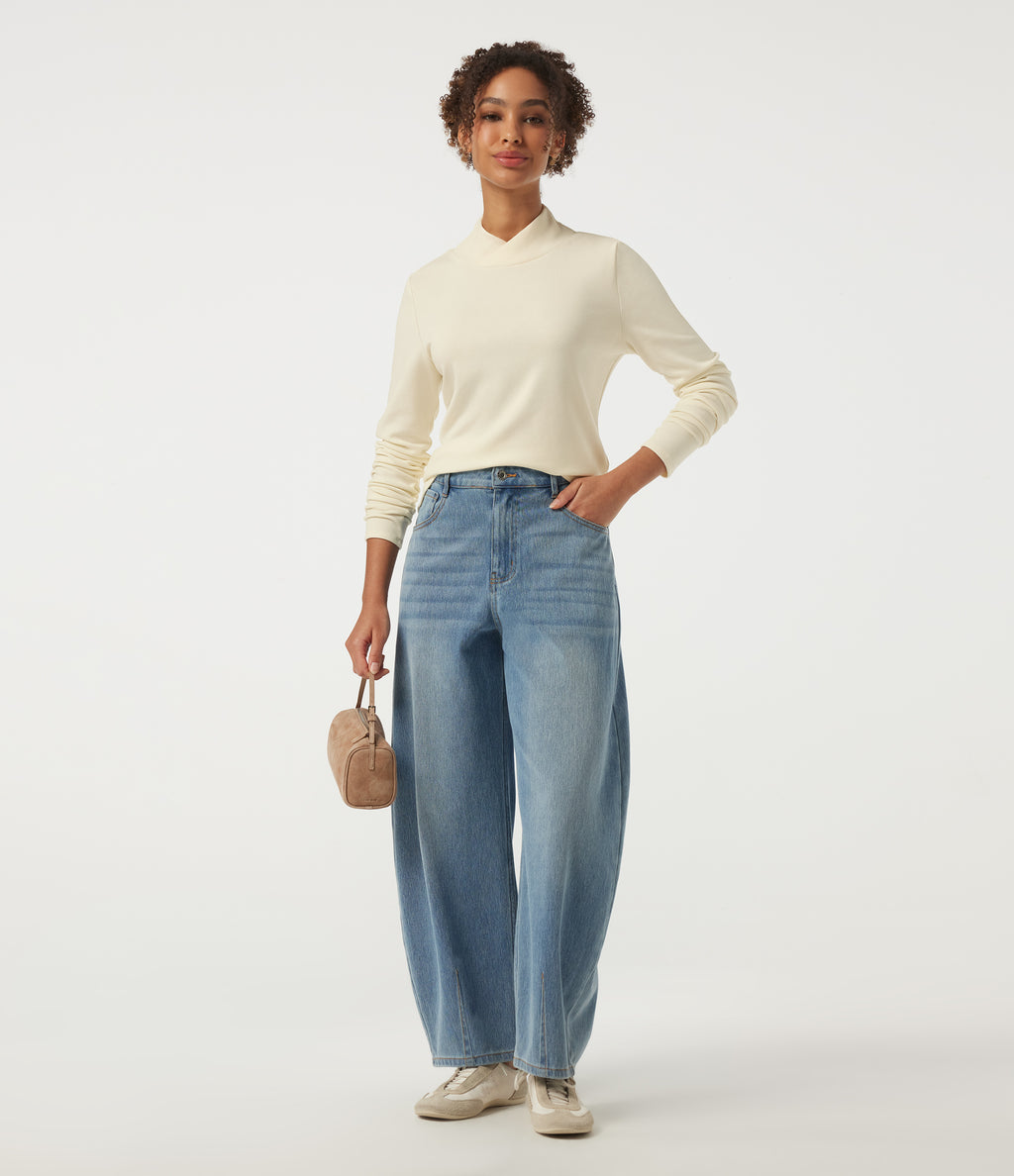 Mock Neck Long Sleeve Crossover Thermal Work Top — Lily White — view 7